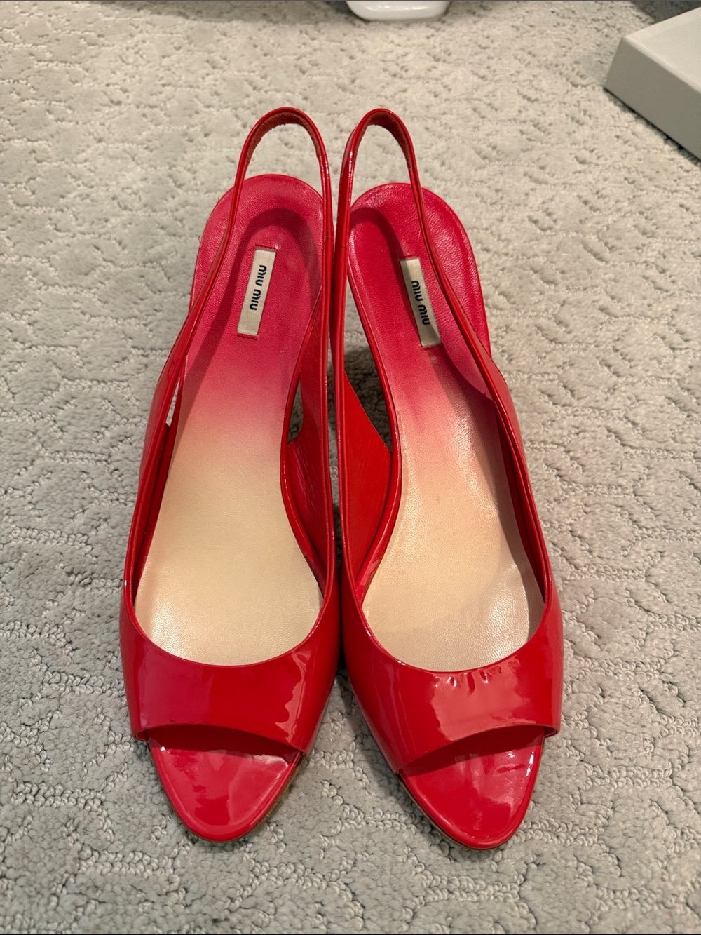 Miu Miu Red Patent Leather Slingback Peep-Toe Mules